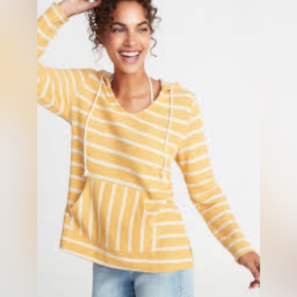 Old Navy Striped Cali-Fleece Pullover Hoodie for Women Yellow White Beachy Sz L